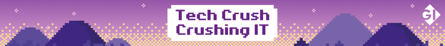 nächtliche Landschaft in Pixel-Optik und Schriftzug: Tech Crush – Crushing IT